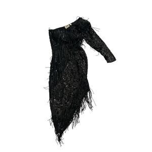 Vintage Nite Line Sequin Fringe Midi Cocktail Dress Womens Size 4